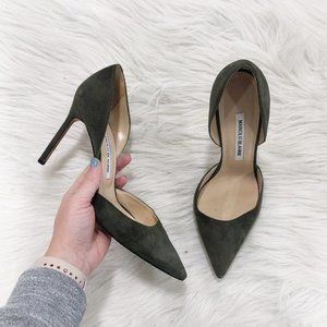 MANOLO BLAHNIK Olive Green Suede D'Orsay Pump SZ 38.5